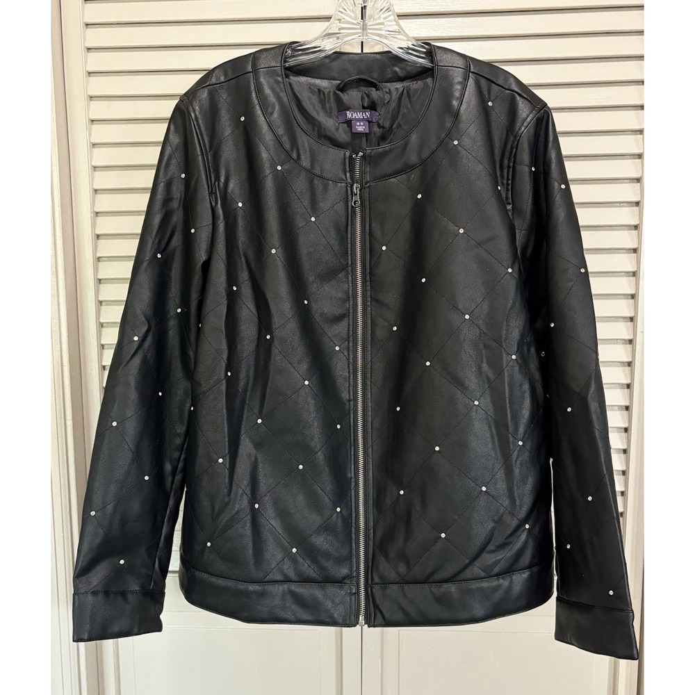 Roaman Faux Leather Jacket Quilted Rhinestones Pockets Zip Up Size 18W Lined EUC